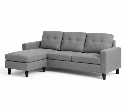 CONCEPT USINE Canapé d'angle Belfast 3 Places Tissu Aspect Lin Gris Foncé | MÉRIDIENNE PROLONGÉE : confort semi-ferme 29 kg/m3, charge maximale 136 kg, dimension 183x124 cm, coussins déhoussables