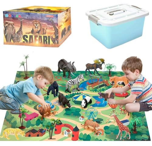 Safari Animals Figures with Activity Play Mat & Storage Box, Realistic Plastic Jumbo Playset, Jungle Wild Zoo Animals Toys for Kids Toddler 3-5, 22Pcs Birthday Gifts Christmas Stocking Stuffers