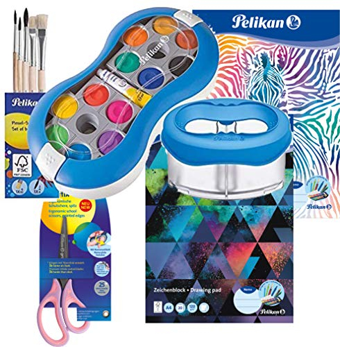 Pelikan Deckfarbkasten Space+ 735 SP/12 mit 12 Farben und 1 Tube Deckweiß/Starter-Set (blau mit Space-Wasserbecher + Pinsel-Set + Bastelschere + 2 Malblöcke)