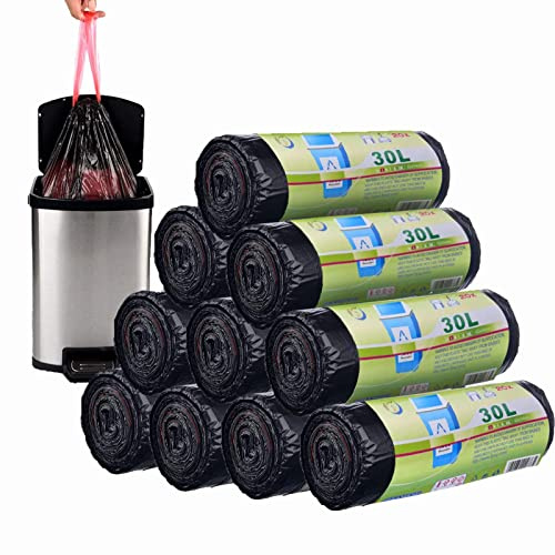 ASelected 200 Stück Müllbeutel 30l Mit Zugband, Müllsäcke Mülltüten mit Tragegriff Super Auslaufsicher 10 Rollen, Abfallsack Mit Zugband 30 Liter Groß 62 x 54 cm Schwarz
