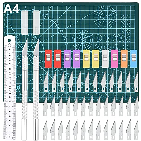 Cutter de Précision, GOLDGE Couteau pour Loisirs Créatifs Set, 2 Stylos Scalpel 42 Lames Tapis de Découpe Règle en Acier et 10 Clips, pour Sculpture, Arts de Bricolage