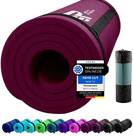 REFIT FITNESS Sportmatte Comfort-Max 190 x 60 x 1.5 cm Beere PainProtect SmartCell NBR Yogamatte rutschfest Tragegurt Gymnastikmatte Matte für Sport Yoga Gymnastik Pilates