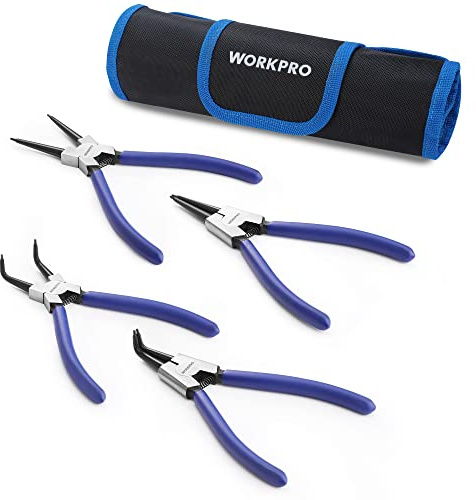 WORKPRO Jeu de 4 Pinces à Circlips, Pince pour Circlips Intérieurs et Extérieurs avec Sac de Rangement, Longueur 180 mm, Pince Circlips pour Installer et Retirer les Circlips