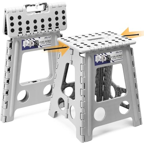 Delxo 16 Inch Folding Step Stool,Foldable Stool for Adults,Portable Collapsible Plastic Stepstool,Non Slip Folding Stools for Kitchen Bathroom Bedroom Garden Up to 400LBS,(Grey 1PC)