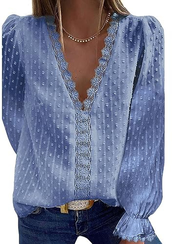 Coloody Femme Tee Shirt Col en V, Manches Longues Loisirs D'été Tunique en Dentelle Jacquard Blouse Amples Caraco Tops Chemisiers à La Mode-LBleu Pur-S