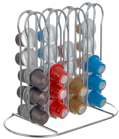 Baroni Home Portacapsule per Caffè in Metallo, Supporto Porta Capsule Color Argento, Accessori Cucina per Macchinetta Caffè, 40 Capsule, 4 Colonne, 24x12x20 cm