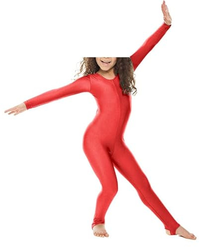 P&R DANCEWEAR LTD Girls Shiny Stirrup Dance Fancy Dress Gymnastics Long Sleeve Unitard Catsuit - Perfect for Performances and Competitions