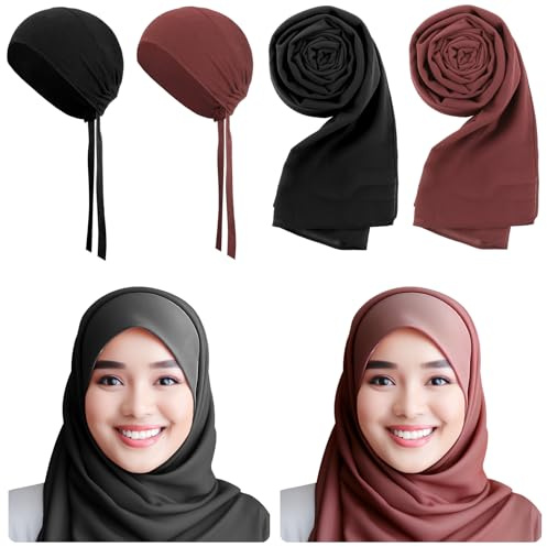 Bunnycool 4 Pcs Women Solid Chiffon Hijab Scarves and Undercap Set Long Shawl Soft Wrap Scarves Muslim Inner Hijab Caps(Black, Coffee)