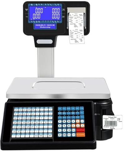 Digital Price Label Printing Scale, Electronic Barcode Weighing Scale Cash Register with Receipt Printer, 30kg Double-Sided LCD Display, 63 Shortcut Keys Commercial Scale for Shop