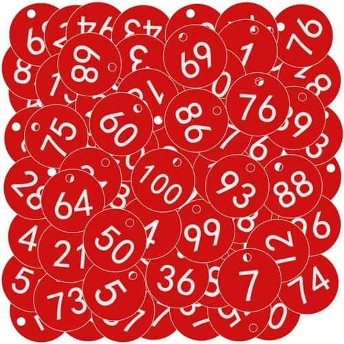 OFFCUP Nummererade nyckelringar, plast numrerade etiketter, plast numrerade taggar, ID-taggar nyckelringar för hotell gym bagageförvaring (1–100, röd) | Plast-nummerplåtar, nyckelring bikupa etiketter med hål nötkreatur ID-etiketter (röd)