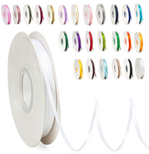 3 mm satinband vit ballongband, tjockt, 91 m satängtejp tårta band tyg band rulle för hantverk hårrosetter, bukett, blommor, dressing att göra bröllopsdekoration, födelsedag, julklappar paketering