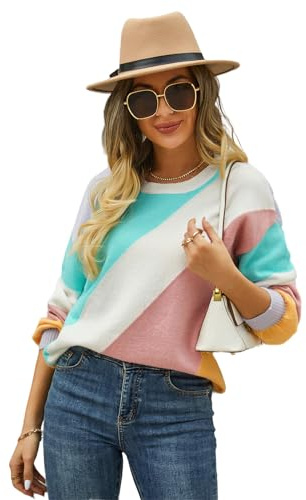 HEYPORK Damen Herbst Winter Warm Bequem Pullover Casual Mode Strickjacke Strickpullover Frauen Pullover Streifen Spleißen Mode Rundhals Pullover(Hellgrün, L)