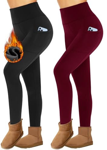 Missluck 2er Pack Thermoleggings Damen Winter Mit Taschen, High Waist Thermohose Gefüttert Fleece Thermounterwäsche Für Sport Gym（Schwarz/Weinrot,S/M）