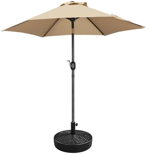 Yaheetech 2.3m Garden Parasol Umbrella with 22L Water/Sand Filled Parasol Base, Patio Market Parasol with Push Button Tilt, Crank and Ribs, Outdoor Patio Parasol w/Base - Tan