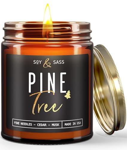 Pine Candle, Pine Scented Candles, Christmas Candles Scented - 'Pine Tree' Soy Candle, w/Fir Needles, Warm Cedar & Sandalwood - Infused with Essential Oils I Christmas Candles I 9oz, 50Hr, USA Made