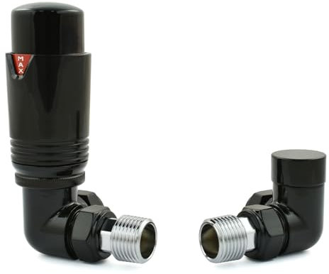 Hot Flow - Vanne thermostatique de radiateur TRV angulaire entièrement noire (paire) Comprend un corps TRV angulaire, une tête de roue et un verrou de sécurité pour un contrôle rapide et facile de la