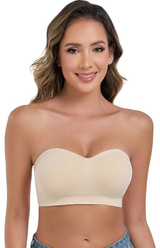 ANGOOL Strapless Bras for Women Wirefree Non-Slip Tube Top Invisible Bralette Seamless Padded Bandeau Bra, Beige, S