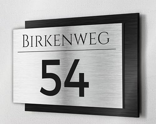 Premium Hausnummer | Firmenschild | Namensschild | Schild mit jedem Wunschtext | selbst gestalten | Aluverbund silber gebürstet | UV Beständig | Witterungsfest für Innen- und Außenbereich H1024