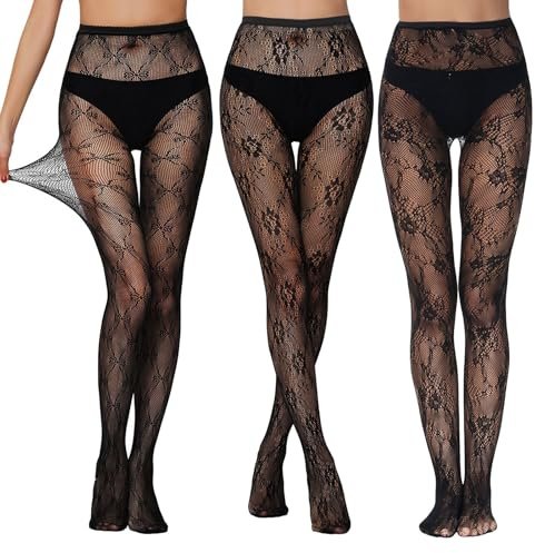 GWAWG Collant a rete da donna 3 paia Nero con motivo a punta a rete a vita alta per donne, Nero
