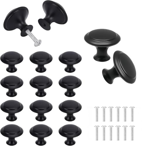 Heyumybit 12 Noir Mat Tiroir de Porte,Bouton de Meuble,Rond Boutons de Portes pour Placards,Poignée Cuisine avec Vis pour Meubles Tiroirs Armoires Portes Salle de Bains