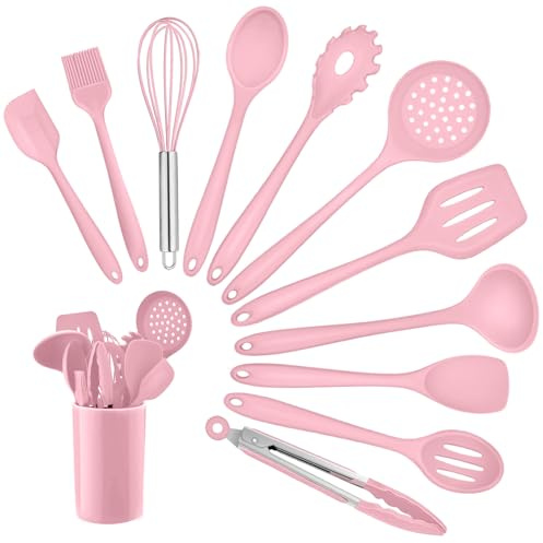 Silicone Kitchen Utensil Set, Homikit 12 Piece Cooking Utensils with Holder, Heat Resistant Kitchen Tools Spatulas Set for Cooking Baking Mixing, Safe for Non Stick Cookware - Pink