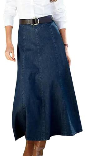 A-linje jeanskjol midi hög midja design med stor fåll för kvinnor avslappnad vintage stil smal passform kontor dam dagligen