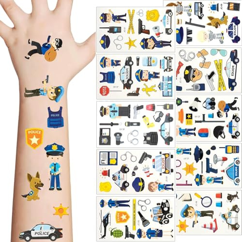 Canollo 10 fogli di tatuaggio della polizia per bambini, adesivi per compleanno, impermeabili, tatuaggi per bambini, decorazione per feste di compleanno, regali per gli ospiti