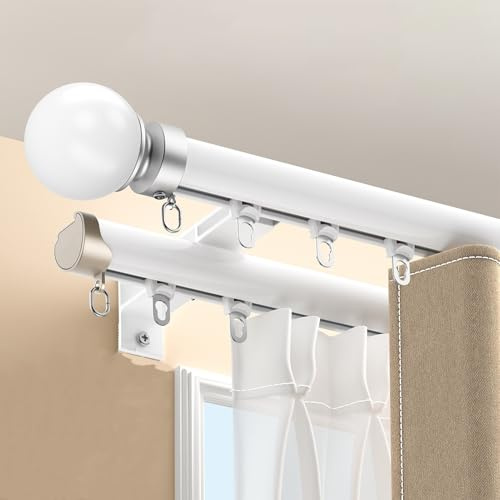 Barra Cortina Doble Pared con 2 Rieles para Cortinas - Barra de Cortina Doble de Aluminio con Poleas Silenciosas y Finales Decorativos Redondos para Sala de Estar Dormitorio Baño(Blanco,4.9m(16.1ft))