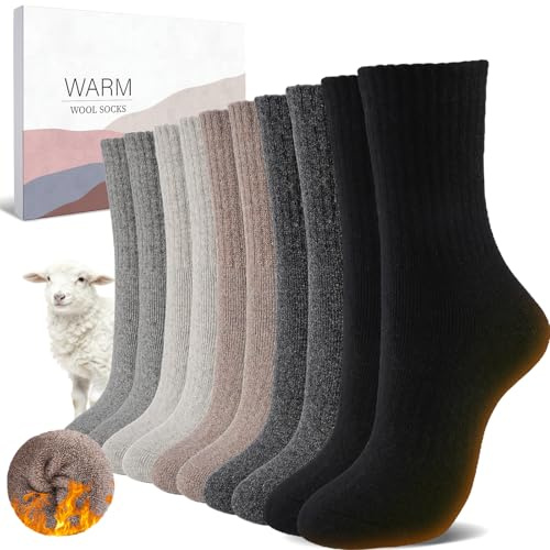 SukModen Wool Thermal Socks for Women – 5 Pairs Warm Winter Thick Cosy Boot Socks Comfy Crew for Walking Hiking Work – Size 4-9