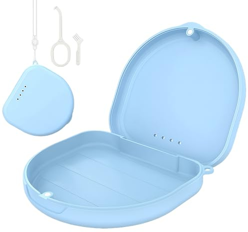 SSKHE Tandlåda med verktygsborste borttagningsverktyg kompakt tandhängare, kompatibel med Invisalign tandskydd vuxen magnetisk stängning ventilation handledsrem resor (blå)