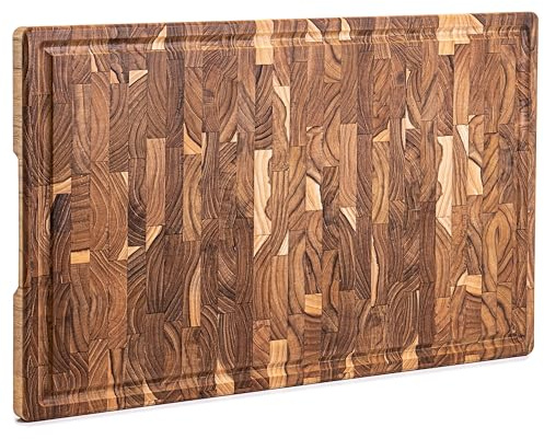 Erreke Schneidebrett Holz, End Grain Teakholz 58x38x3.8 cm, Holzbrett Küche mit Auffangschale, Anti-Rutsch-Füße, Schneidebrett Holz Gross Hirnholz Servieren Käse Brot Hackbretter