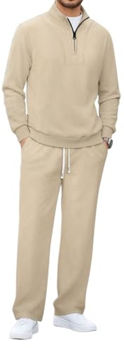 Oanviso Survêtement Homme 2 Pièces Ensemble Sweatshirt à sans Capuche Pull et Pantalon en Velours Jogging Combinaison Pullover Zippé Hauts Pantalons Streetwear A Kaki L