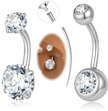 Belly Button Bars Gold Silver Surgical Steel Belly Button Piercing 14G | Hypoallergenic Small Short 8/10mm Belly Bar Cubic Zirconia Belly Button Ring Floating Navel Piercing Jewellery for Women Men
