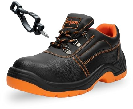 FUZZIO Chaussures de sécurité pour Homme, Chaussures avec Embout de Protection en Acier Lacets, Noir/Orange, 40
