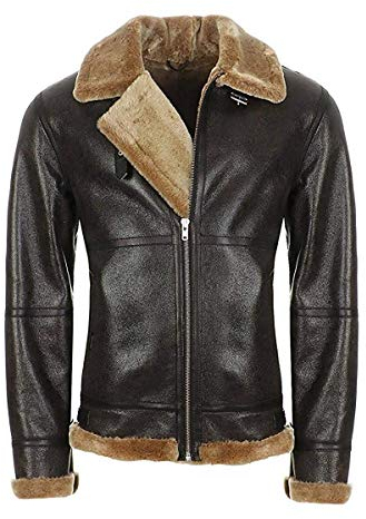 Hollert Herren Lammfelljacke Bomberjacke B9 Modell 2 BRAUN Winterjacke 100% Merino Echtleder Schaffell Fliegerjacke Größe XL