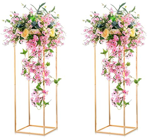 NUPTIO 2 Pcs Metal Flower Floor Vase Column Geometric Centerpieces Flower Stand for Tables, 31½ inch Tall Gold Flower Holder for Home Party Wedding Decorations, Rectangular Display Rack