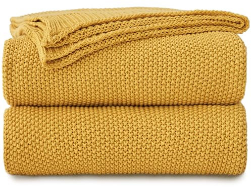 Longhui bedding Senfgelbe Baumwolldecke mit Zopfmuster für Couch, Sofa, Bett, dekorativ, leichte Strickdecken mit Bonus-Wäschetasche, 152,4 x 203,2 cm, maschinenwaschbar