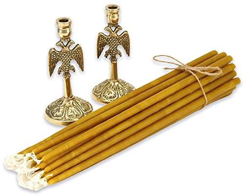 Set mit 2 Kerzenhaltern aus Messing und 20 Kirchenkerzen aus reinem Bienenwachs, orthodoxe Spitzen, byzantinischer Kerzenständer, Heimaltar