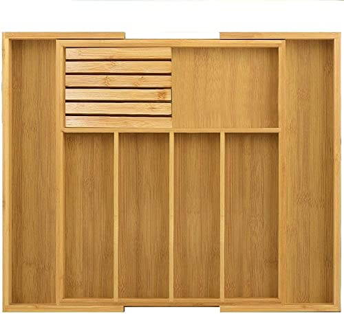 MantraRaj Bamboo Cutlery Drawer Organiser With Knife Block | Expandable Cutlery Tray for Kitchen Drawers 5-7 Large Compartments Utensil Holder Storage for Spoons Forks Knives (Natural Bamboo)