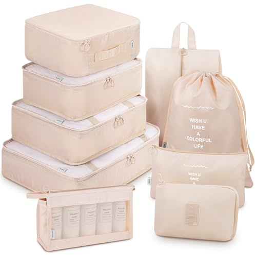 Packing Cubes for Carry On, Mossio 9 Piece Set Travel Cubes for Flying Camping Hiking Beige