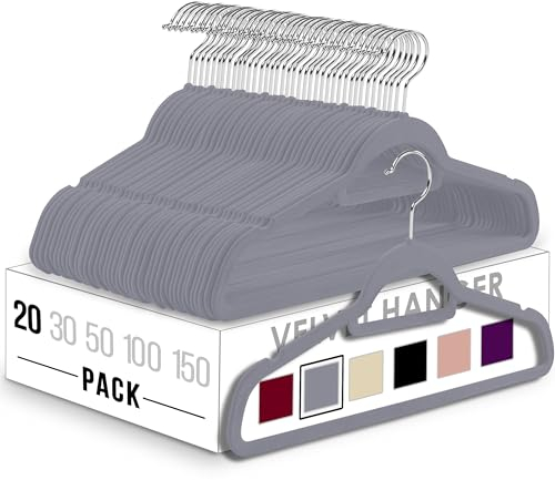 Utopia Home - Antirutsch-Kleiderbügel aus Samt - rutschfeste und strapazierfähige Kleiderbügel aus Samt mit Krawattenhalter - Stark genug, Jacken und Pullover zu halten (Grau, 20er-Pack)