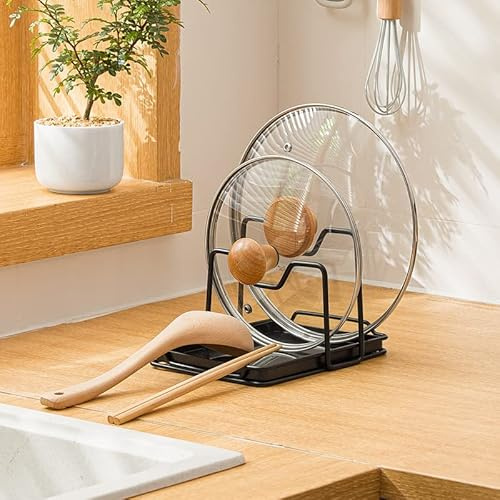 STARRY G Kitchen Utensils Rest with Drip Pad, Cooking Spoon Rest with Lid Holder, Heat-Resistant Double Layer Pot Lid Holder Stand, Countertop Organiser Rack for Cooking Tools, Cutlery Tray Shelf - B