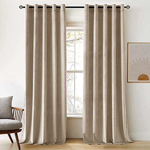 Woaboy Velvet Curtains 90 Drop Taupe Curtain for Living Room Thermal Blackout for Bedroom Luxury Eyelet Drapes Super Soft Window Treatment Insulated Soundproof & Room Darkening W 66 x L 90 2 Panels