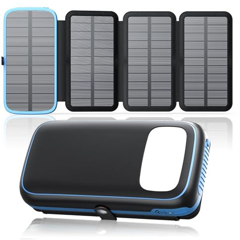 Cargador Solar Power Bank 27000mAh – FEELLE Batería Externa con 3 Salidas USB 3A Carga Rápida, Linterna Integrada y 4 Paneles Solares Plegables Cargador Portátil para Smartphones Tablets（Azul）