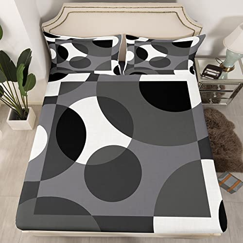 Grey Geometric Fitted Sheet Circle Bedding Sets Twin,Abstract Swirls Lines Stripes Bed Sheets Retro Grommet Patchwork Geometric Rustic Modern Circle Urban Art Room Decor,Black White