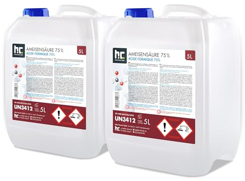 Höfer Chemie – 2 x 5L Ameisensäure 75% – Starker Entkalker & Reiniger für Imker, Leder, Kunststoffe & Edelsteine – Ideal zum Entkalken, Beizen & Imprägnieren – Methansäure, Formylsäure, Carbonsäure
