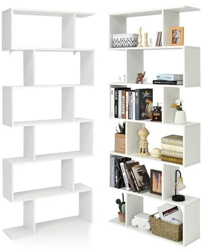 HOMASIS Libreria da Parete a 6 Livelli, Libreria Scaffale in Legno, Divisorio a Parete Multifunzionale con Design Antiribaltamento, Scaffale a S per Ufficio, Salotto, 80 x 23 x 191cm (Bianco)