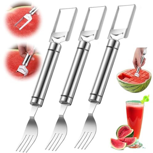 2-in-1-Obstschneider aus Edelstahl,3 Stücke Wassermelonen Schneider,Wassermelonen Gabelschneider,Obstschneider Melone,Wassermelonen gabel,Melonenschneider für Zuhause Küche Party Camping Gadget