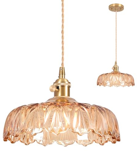 Vloitgol Glas-Pendelleuchte, bernsteinfarbene Deckenleuchte, E27 25cm, hängende Deckenleuchten, Vintage-Pendelleuchte, Kronleuchter für Kücheninsel Schlafzimmer Flur Arbeitszimmer Kaffeebar Wohnzimmer