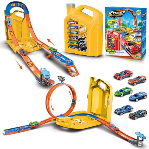 Charmofun Piste de Course 2 en1, Circuit Voiture Enfant avec 6 Voitures, Bboîte Rangement, Piste de Voiture avec Looping et U Track, Portable Jouet Circuit Voiture pour Enfants 3+ Ans (Jaune)